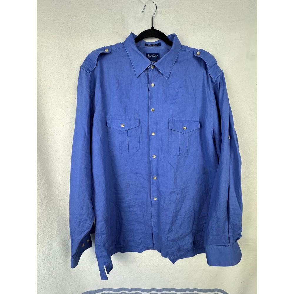 Paul Fredrick Button Down Blue Safari Linen Shirt Epaulettes Roll Tab XLT